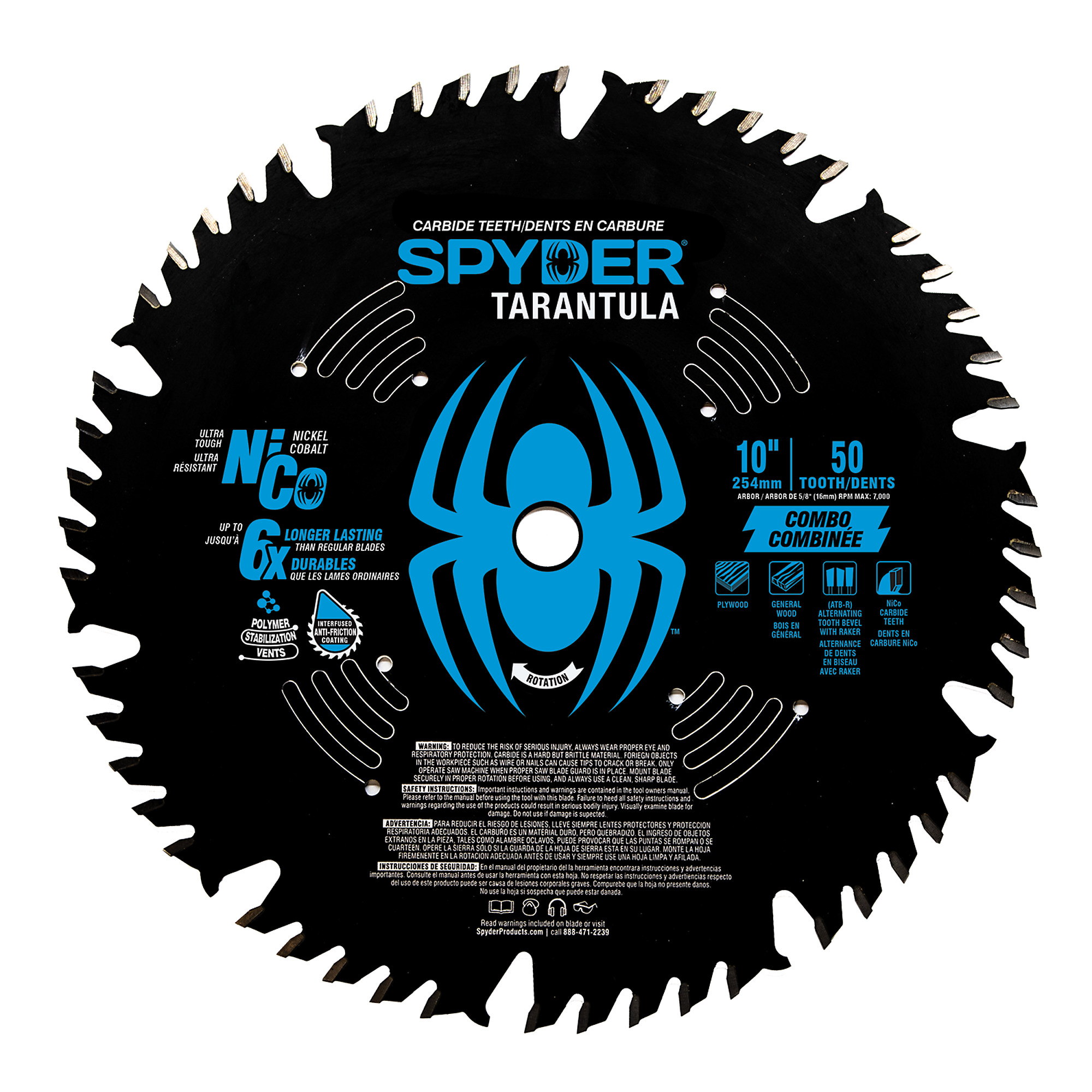SPYDER, 10in. 50T Combination TCT Stl Circ Tarantl Saw Blade, Blade Diameter 10 in, Included (qty.) 1 Model# 13063